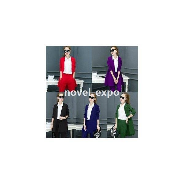 特価セールコーナー パンツスーツノーカラーロングジャケット長袖2枚セットアップ袖ありパンツドレス上下セットツーピース赤紫黒緑紺sml2 東京正規取扱店 Www Superavila Com