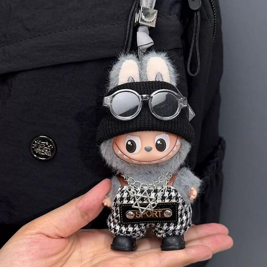 ミニラブブ服 LABUBU ぬい服 着せ替え ブラック 千鳥柄 オーバーオール
