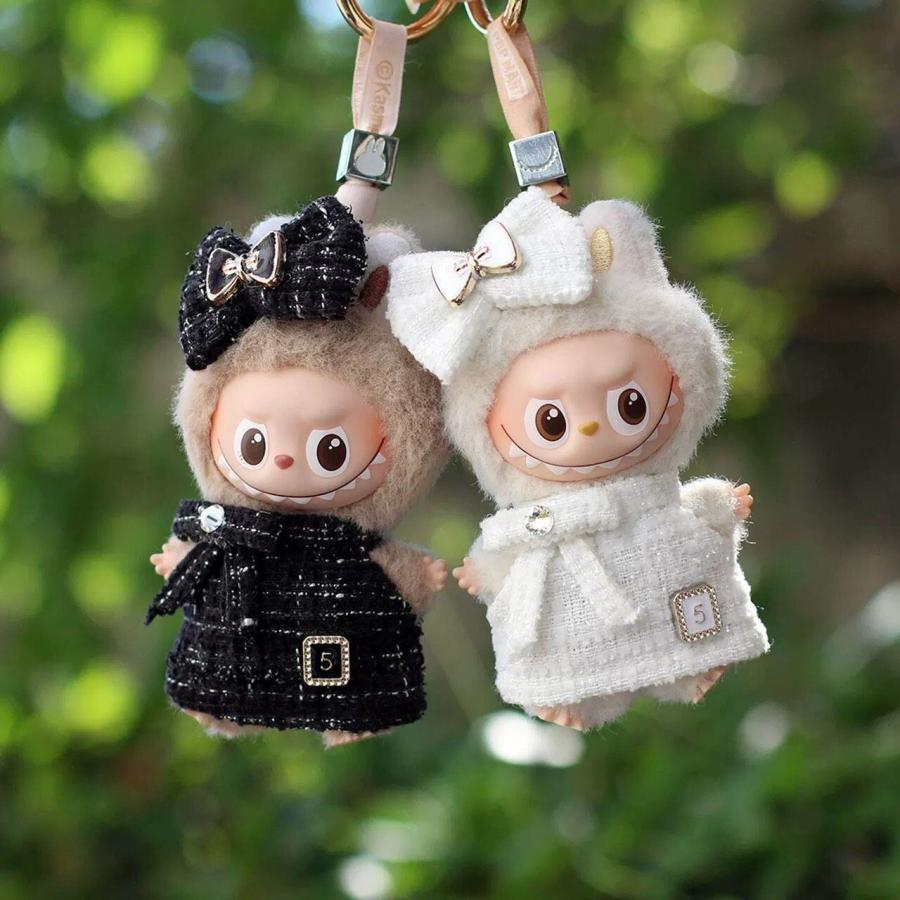 ミニラブブ服 LABUBU ぬい服 ツイード生地 リボンワンピース 黒 白