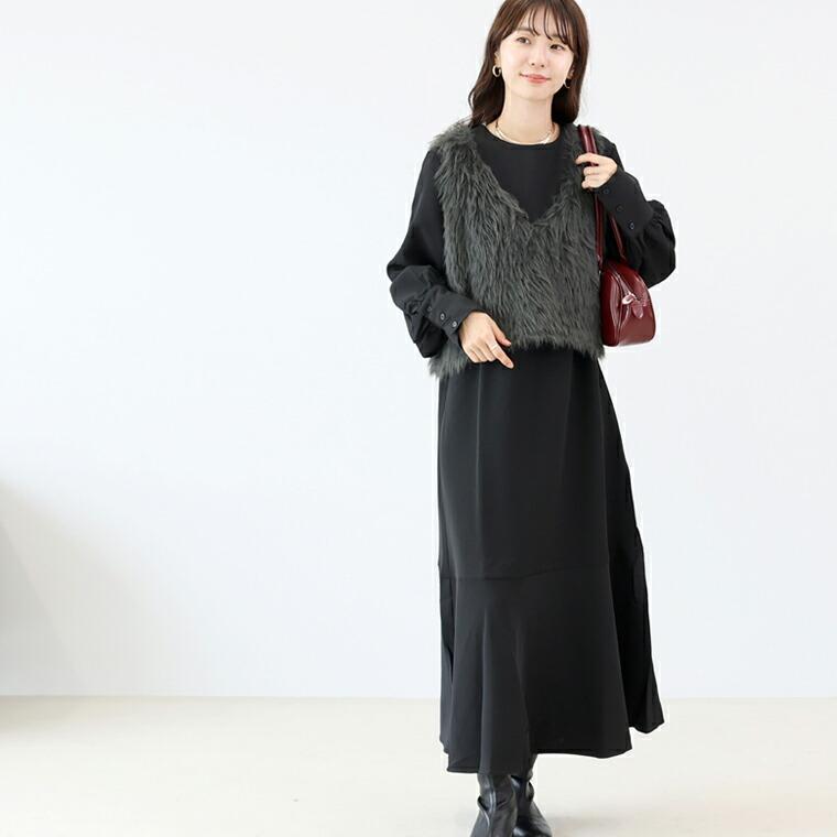 Aletta vita ベスト ニット シャギー 光沢 深V Vネック 重ね着