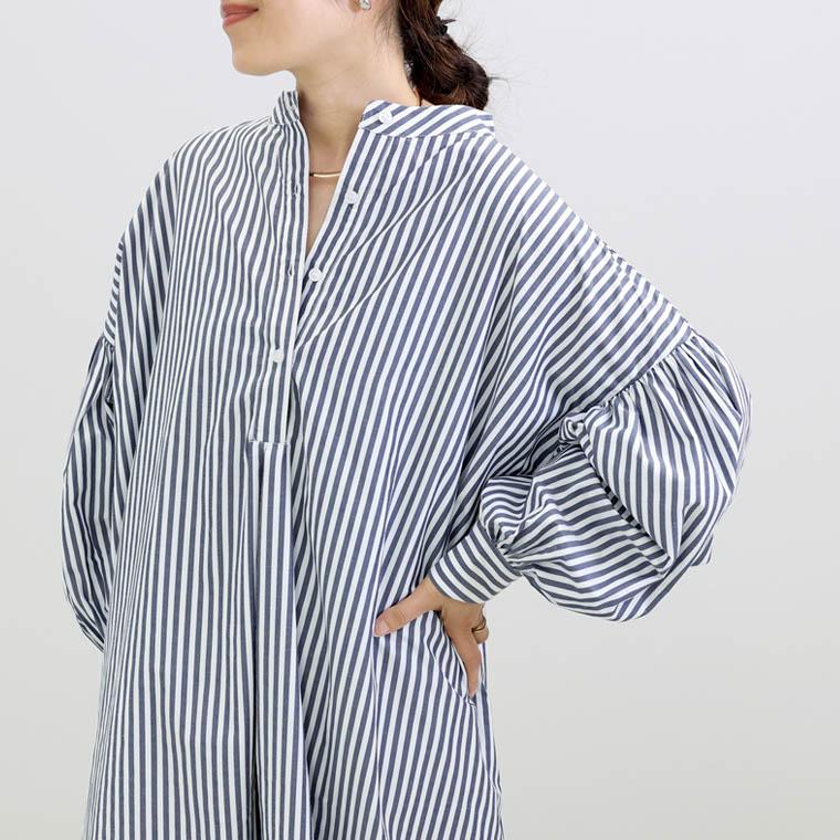 ティッカ　近年モデル　ロングシャツワンピース　バンドカラー　ストライプ　Ｆ ティッカ 近年モデル ロングシャツワンピース バンドカラー