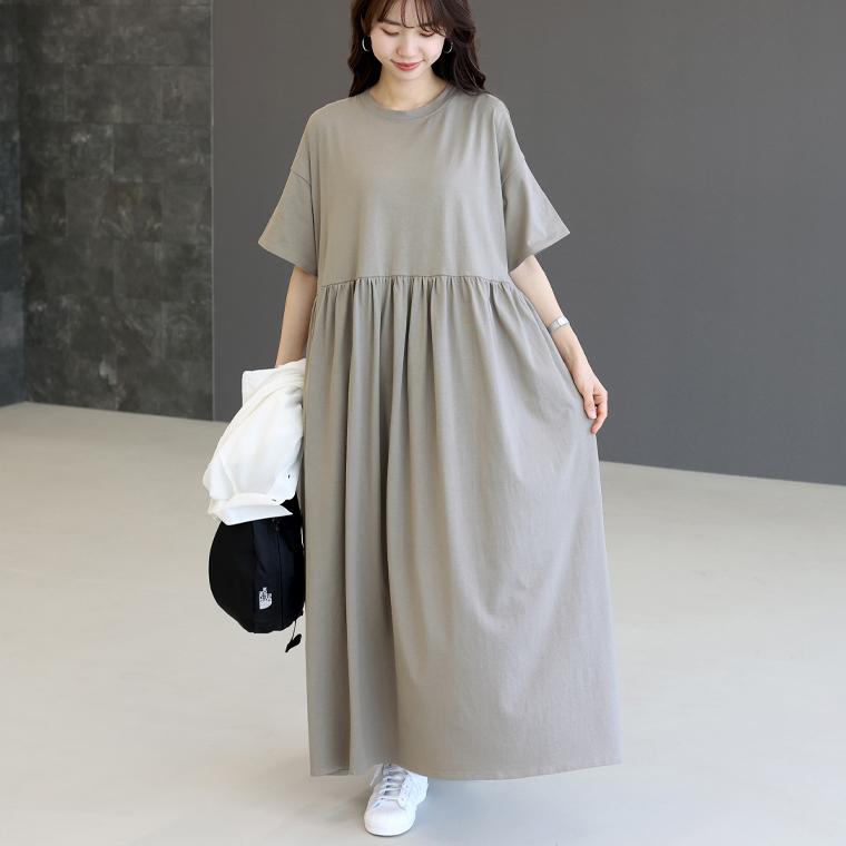 Aletta vita ワンピース ロング ワイド ドレープ 半袖 綿 天竺 Tシャツ