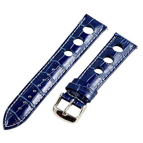 【並行輸入品】24 mm Rally 3 holeクロコネイビーブルー/ホワイトレザーInterchangeable交換用時計バンドストラップの画像