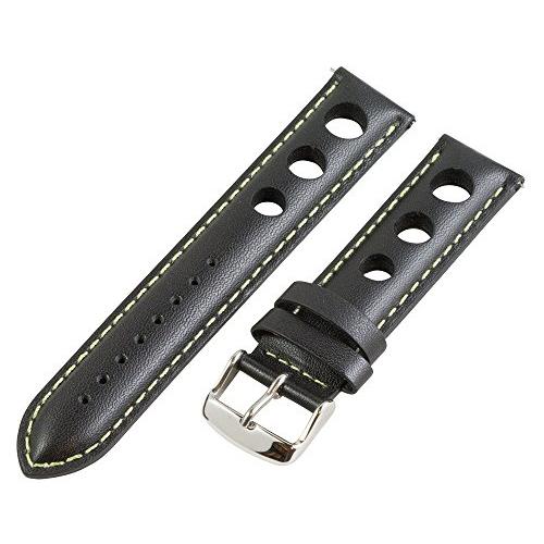 【並行輸入品】18 mm Rally 3 hole Smoothブラック/ Lグリーンレザー交換可能な交換用時計バンドストラップ Clockwoの画像