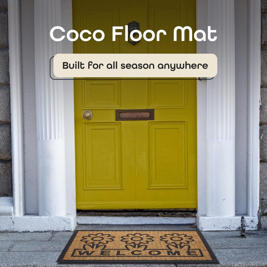 【並行輸入品】Daisy Flower Welcome Coco Doormat， Beige Black， 18x30 ACHIM Front
