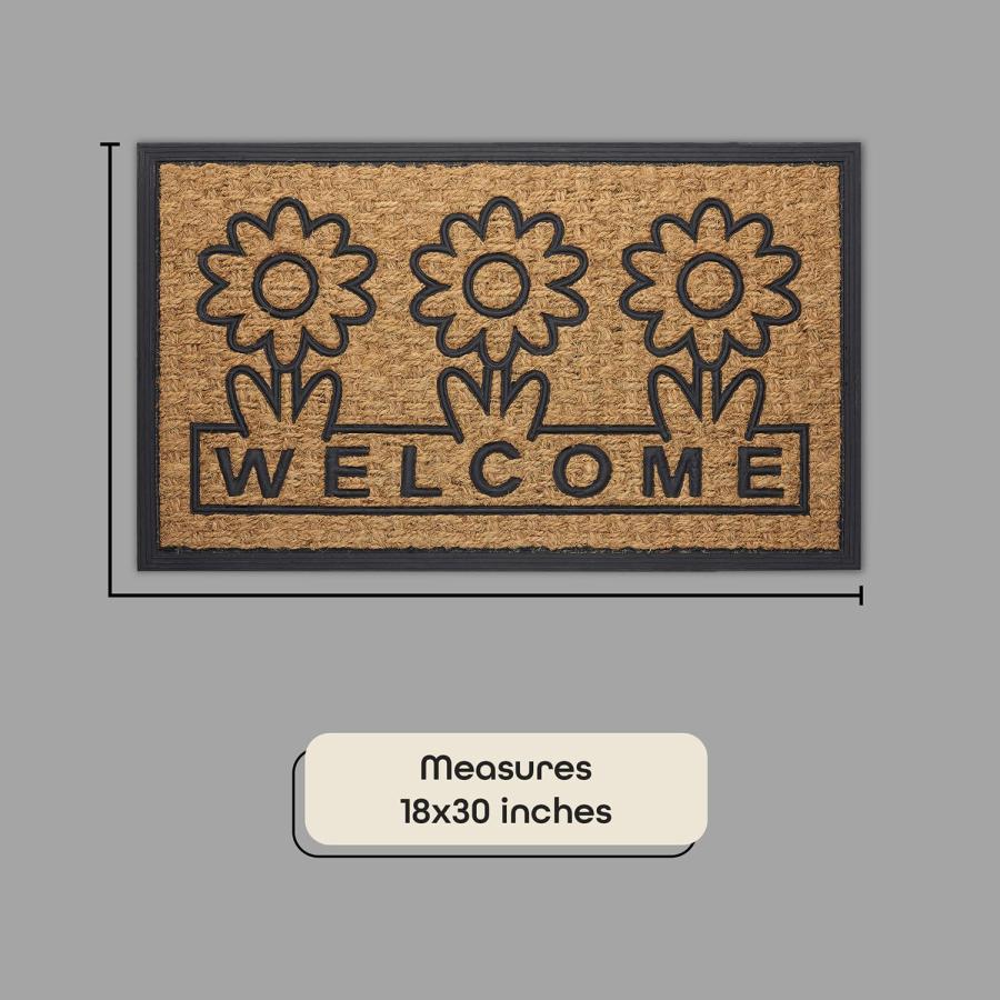【並行輸入品】Daisy Flower Welcome Coco Doormat， Beige Black， 18x30 ACHIM Front