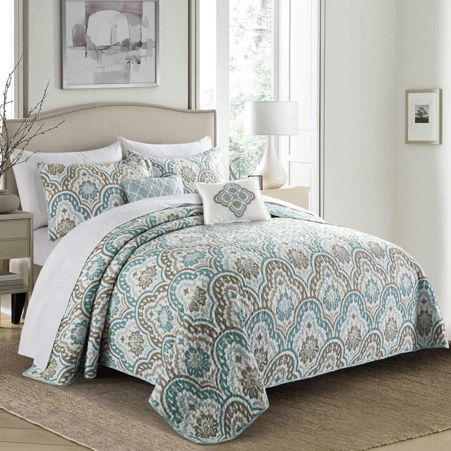 【並行輸入品】Serenta Tivoli Ikat Design 5点 ティールアクアプリント プレウォッシュ加工 キルト ベッドカバー 夏用_3