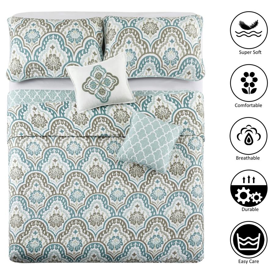 【並行輸入品】Serenta Tivoli Ikat Design 5点 ティールアクアプリント プレウォッシュ加工 キルト ベッドカバー 夏用_6