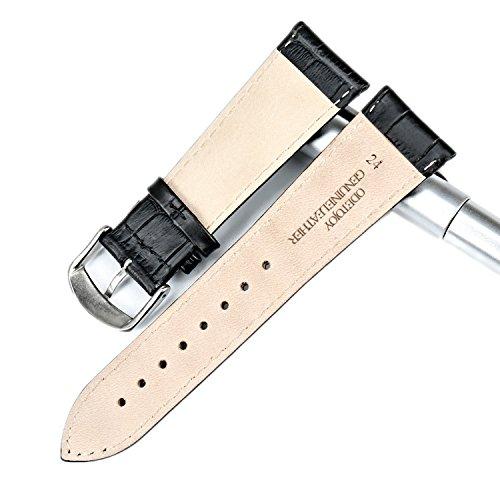 【並行輸入品】ODETOJOY 24mm 腕時計バンド ブラック 本革 ストラップ シルバー スチール バックル メンズ, Silver Bucの画像
