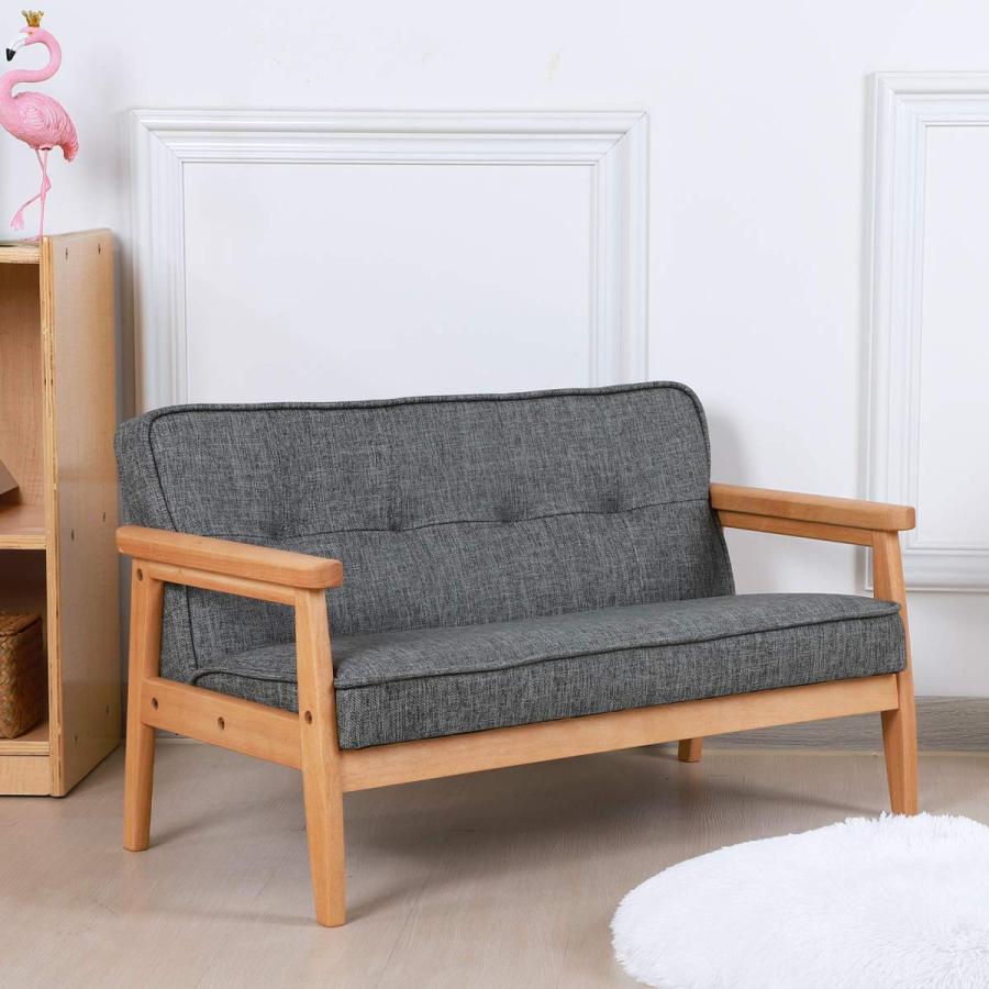 【並行輸入品】Yoonnie room ダブルシーター キッズソファチェア キッズソファ 無垢材のアームとリネンパターン PVC キッズレスト用
