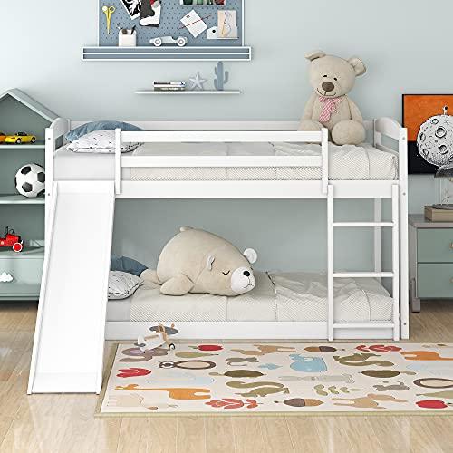 【並行輸入品】 SOFTSEA Twin Over Twin Low Bunk Bed with Slide， Modern Wood Floo_1