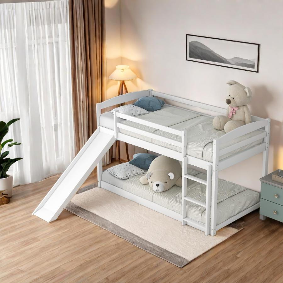 【並行輸入品】 SOFTSEA Twin Over Twin Low Bunk Bed with Slide， Modern Wood Floo_6