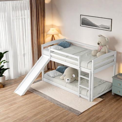【並行輸入品】 SOFTSEA Twin Over Twin Low Bunk Bed with Slide， Modern Wood Floo_7