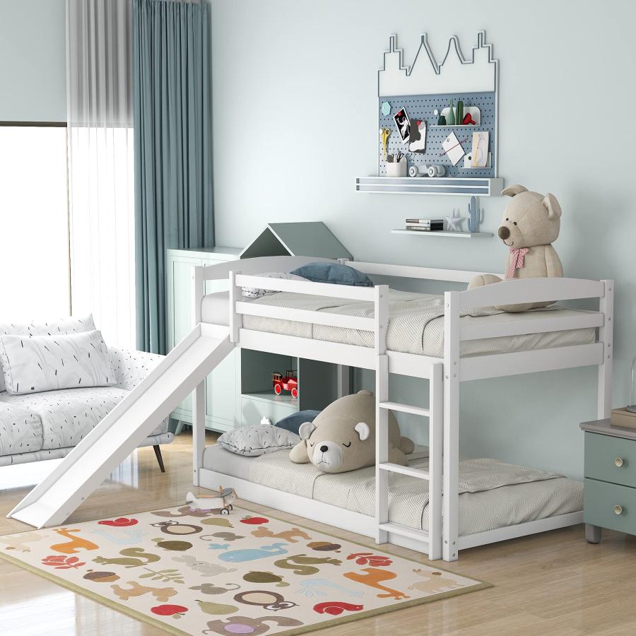 【並行輸入品】 SOFTSEA Twin Over Twin Low Bunk Bed with Slide， Modern Wood Floo_9