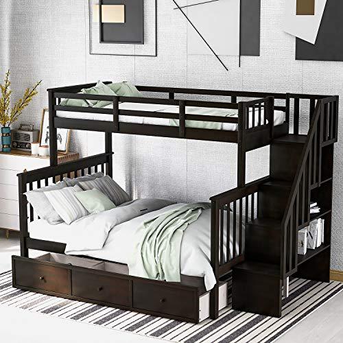 【並行輸入品】 Merax Twin Over Full Bunk Bed, Solid Wood Bunk Bed Frame with Stの画像