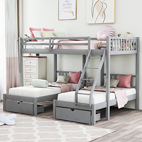 【並行輸入品】 Merax Full Over Twin \u0026 Twin Bunk Beds, Wooden Triple Bunk Bed Frの画像