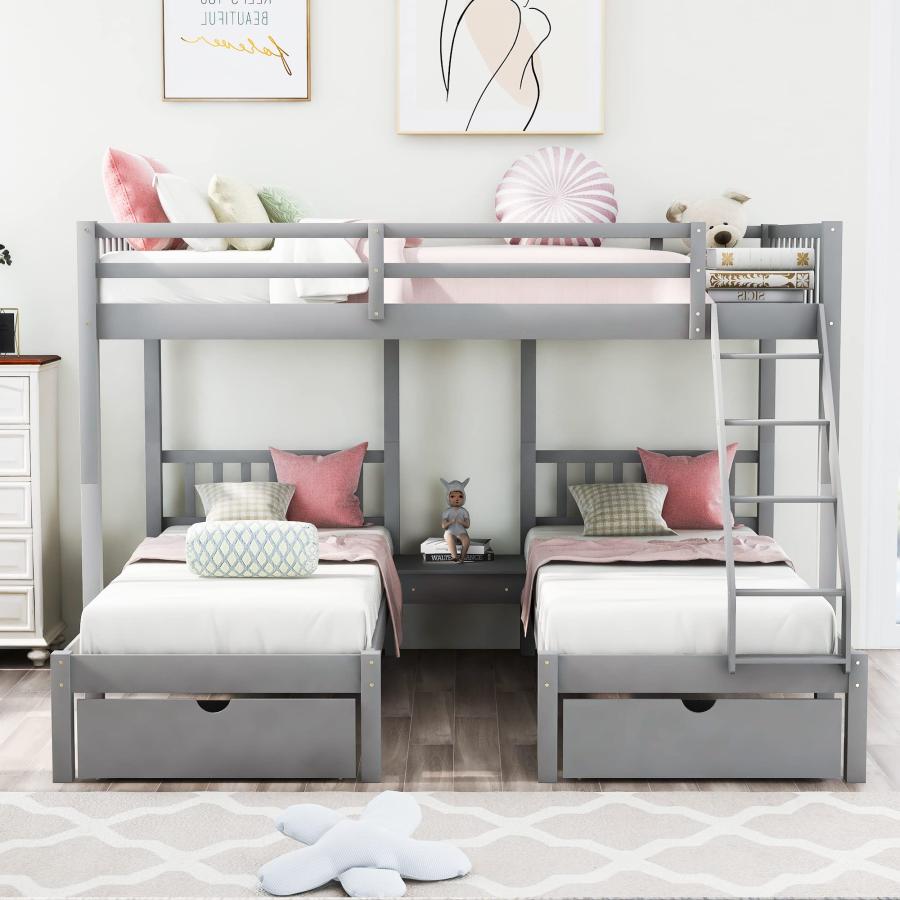 【並行輸入品】 Merax Full Over Twin \u0026 Twin Bunk Beds, Wooden Triple Bunk Bed Frの画像