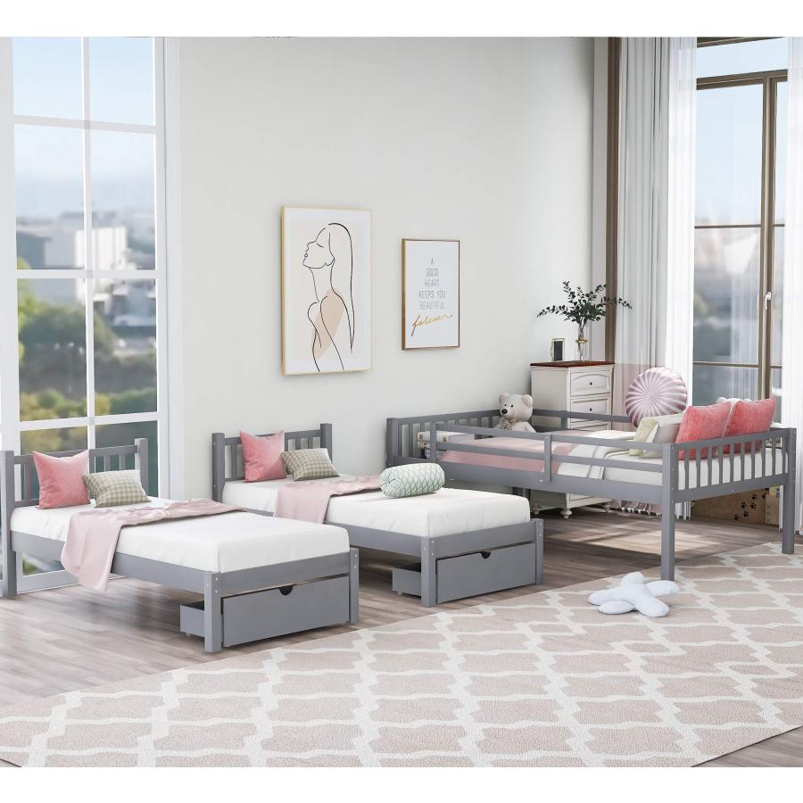 【並行輸入品】 Merax Full Over Twin \u0026 Twin Bunk Beds, Wooden Triple Bunk Bed Frの画像
