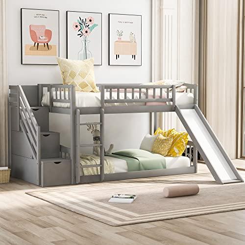 【並行輸入品】 Bellemave Twin Over Twin Bunk Beds with Slide， Low Bunk Bed Fram