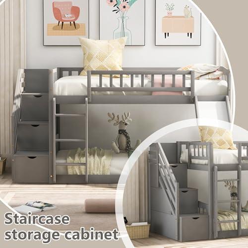 【並行輸入品】 Bellemave Twin Over Twin Bunk Beds with Slide， Low Bunk Bed Fram