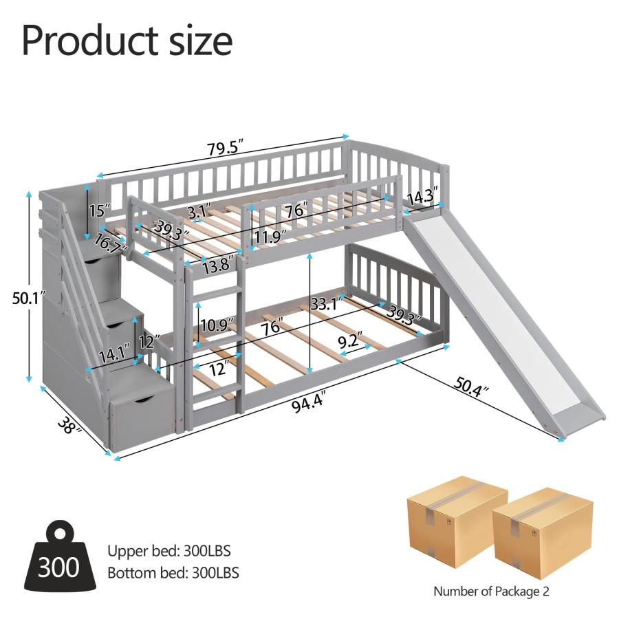 【並行輸入品】 Bellemave Twin Over Twin Bunk Beds with Slide， Low Bunk Bed Fram