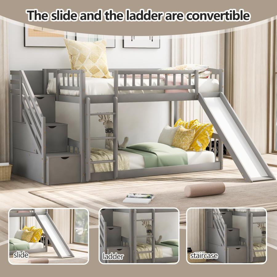 【並行輸入品】 Bellemave Twin Over Twin Bunk Beds with Slide， Low Bunk Bed Fram