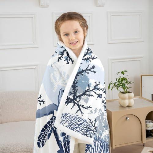 【並行輸入品】タートルシェルパブランケット ホワイト ブルー 海 ハワイアン タートルフリース スローブランケット べっ甲プラッシュブランケット