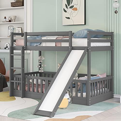 【並行輸入品】 Bellemave Floor Bunk Bed with Slide， Twin Over Twin Bunk Bed for_1
