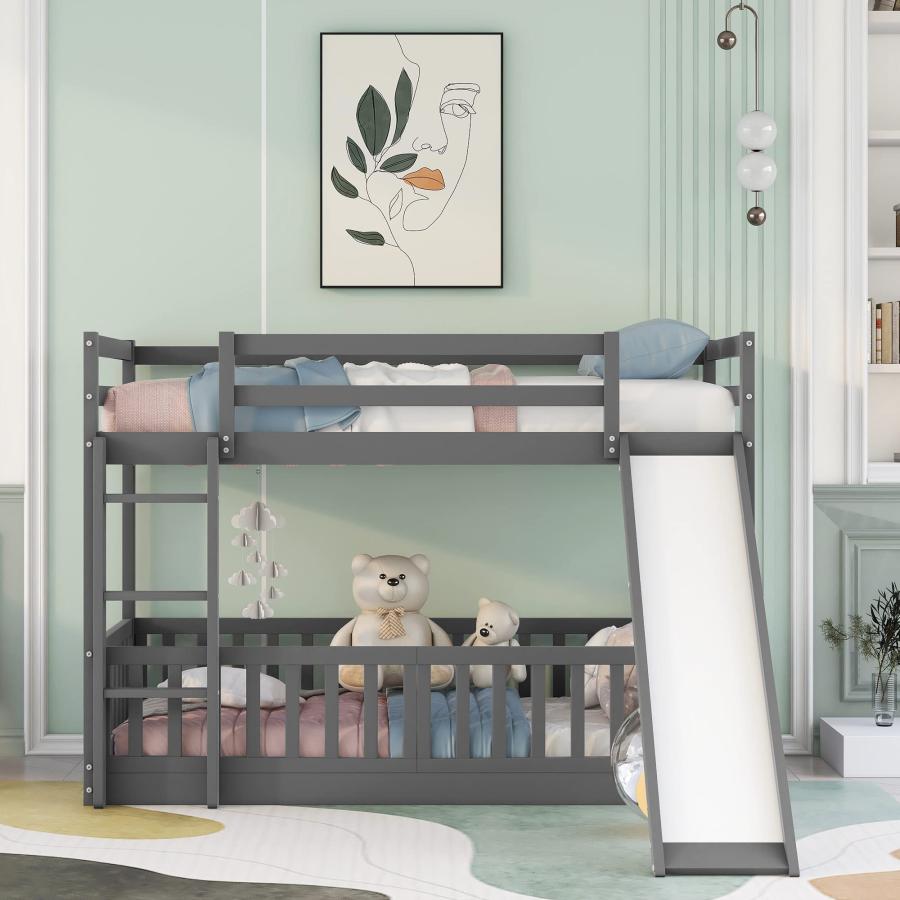 【並行輸入品】 Bellemave Floor Bunk Bed with Slide， Twin Over Twin Bunk Bed for_3