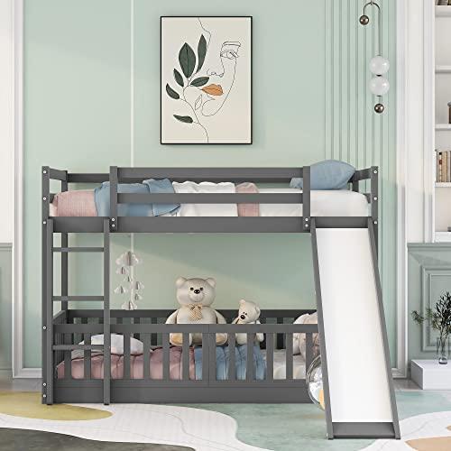 【並行輸入品】 Bellemave Floor Bunk Bed with Slide， Twin Over Twin Bunk Bed for_4