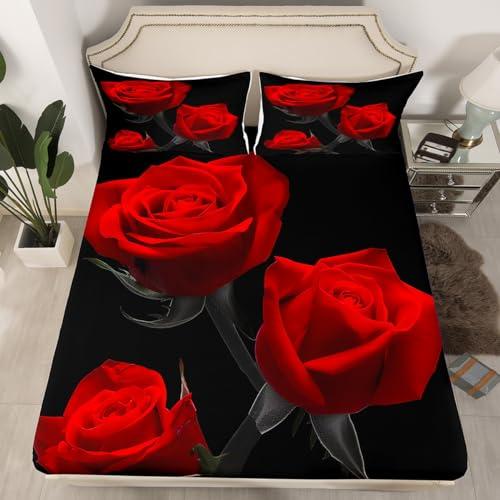 【並行輸入品】Red Roses ベッドシーツセット ローズ フローラル ボックスシーツ & 枕カバー セット ガールズ レディース カップル_1