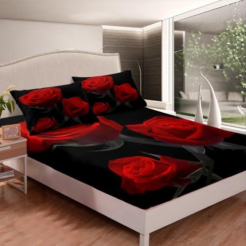 【並行輸入品】Red Roses ベッドシーツセット ローズ フローラル ボックスシーツ & 枕カバー セット ガールズ レディース カップル_4