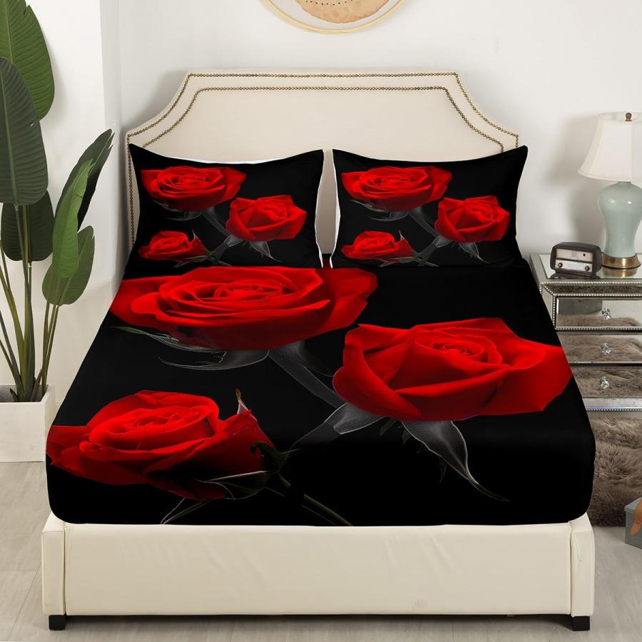 【並行輸入品】Red Roses ベッドシーツセット ローズ フローラル ボックスシーツ & 枕カバー セット ガールズ レディース カップル_6