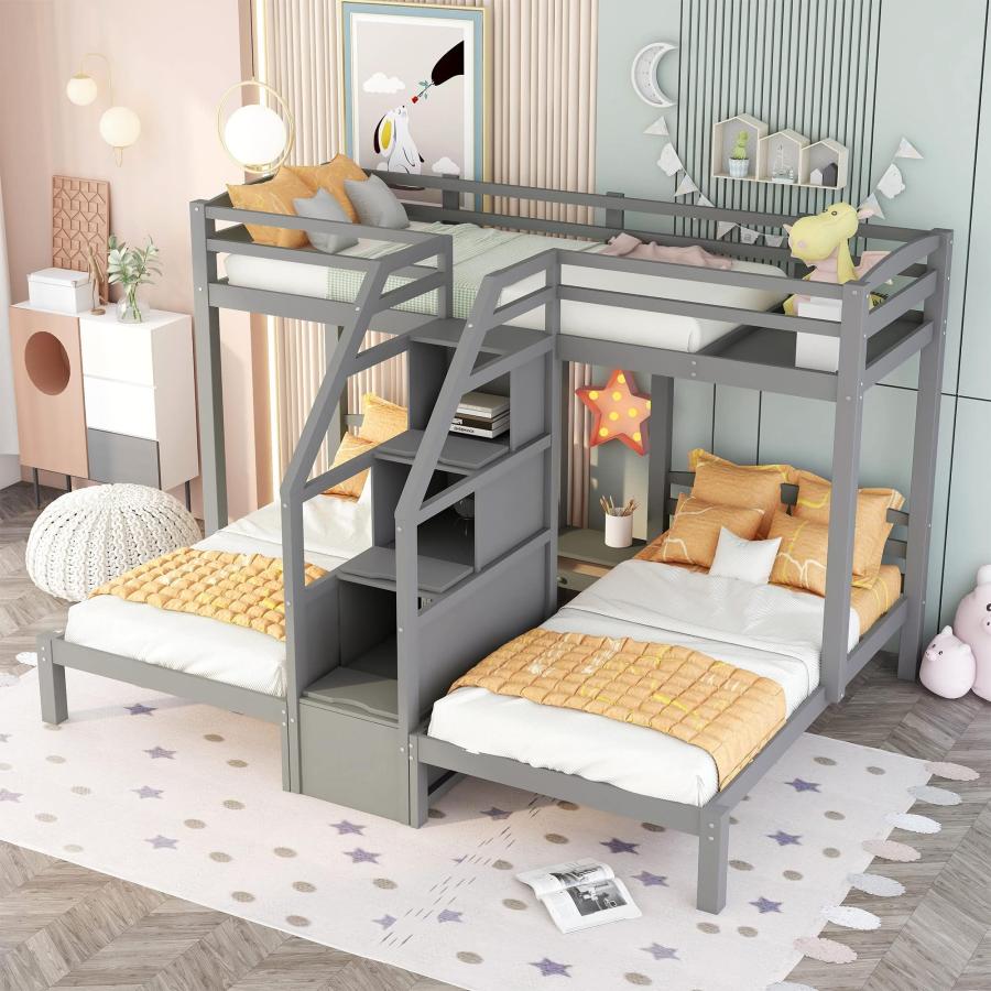 【並行輸入品】 Harper & Bright Designs Triple Bunk Bed with Storages Staircase,