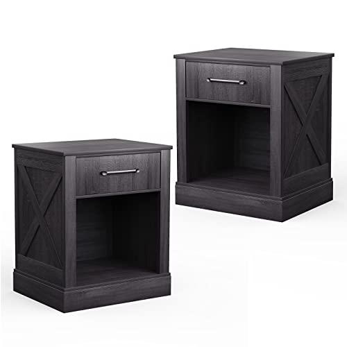 【並行輸入品】 Giantex Farmhouse Nightstand Set of 2， Rustic End Table w/Drawer