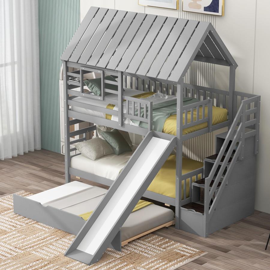 【並行輸入品】 Twin Over Twin House Bunk Bed with Stairs and Slide, Wooden Bunkの画像