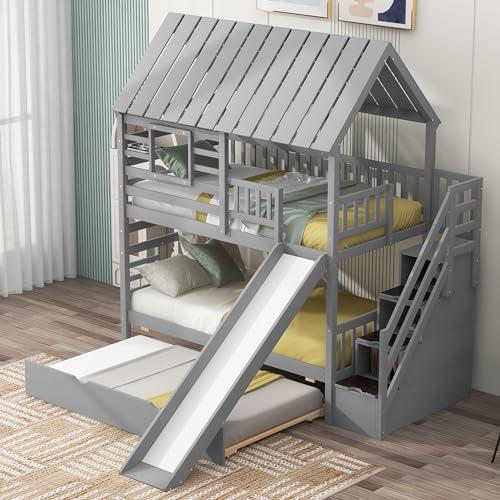 【並行輸入品】 Twin Over Twin House Bunk Bed with Stairs and Slide, Wooden Bunkの画像