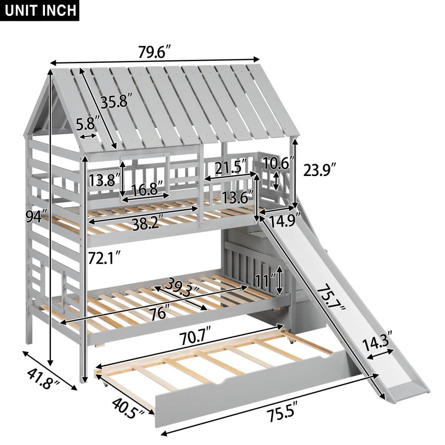 【並行輸入品】 Twin Over Twin House Bunk Bed with Stairs and Slide, Wooden Bunkの画像