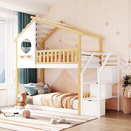 【並行輸入品】 Harper & Bright Designs Twin Over Twin Bunk Bed with Stairs， Sta_1