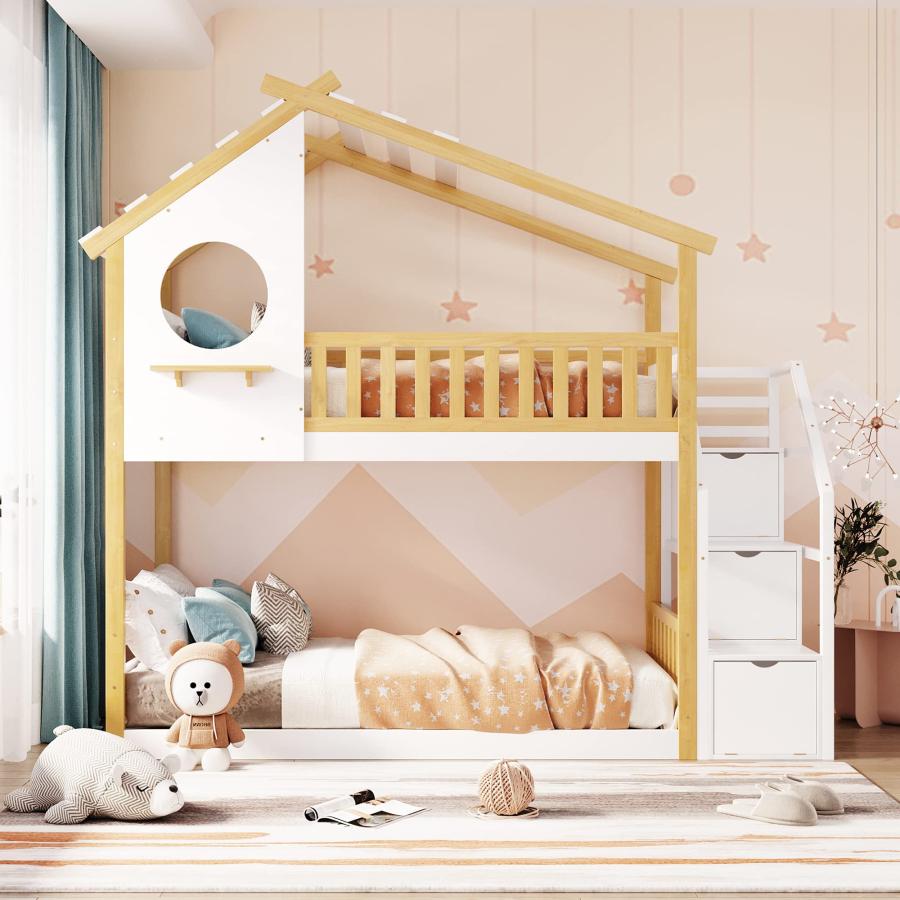 【並行輸入品】 Harper & Bright Designs Twin Over Twin Bunk Bed with Stairs， Sta_3