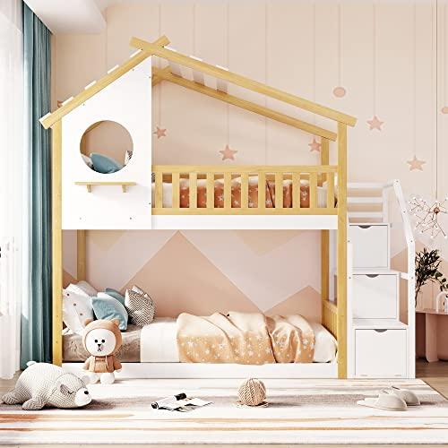 【並行輸入品】 Harper & Bright Designs Twin Over Twin Bunk Bed with Stairs， Sta_4