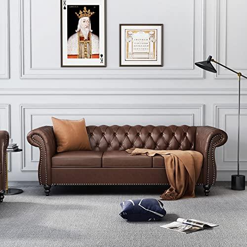 【並行輸入品】Chesterfield ソファレザー リビングルーム用 3人掛けソファ タフテッドカウチ フェイクレザー ロールアームとネイルヘ_1