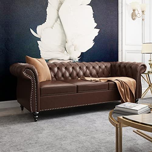 【並行輸入品】Chesterfield ソファレザー リビングルーム用 3人掛けソファ タフテッドカウチ フェイクレザー ロールアームとネイルヘ_4