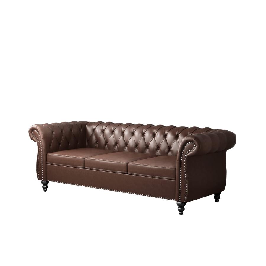 【並行輸入品】Chesterfield ソファレザー リビングルーム用 3人掛けソファ タフテッドカウチ フェイクレザー ロールアームとネイルヘ_9