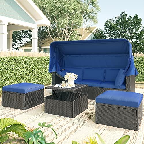 【並行輸入品】 LUMISOL Outdoor Sunbed with Canopy， Rattan Patio Daybed Conversa_1