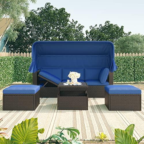 【並行輸入品】 LUMISOL Outdoor Sunbed with Canopy， Rattan Patio Daybed Conversa_4