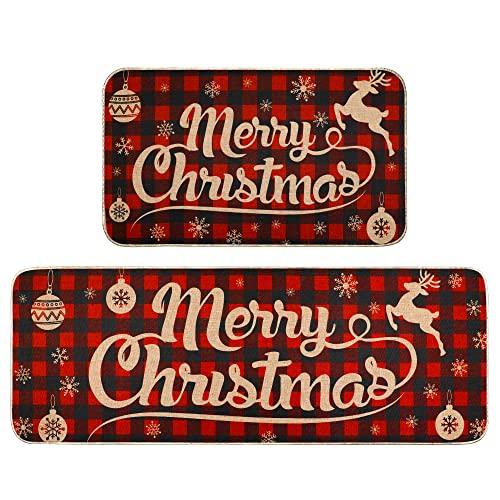 【並行輸入品】クリスマスキッチンラグセット 2ピース メリークリスマス 格子柄 防水 滑り止め キッチンマット 冬 クリスマス ドアマット ゴム_1