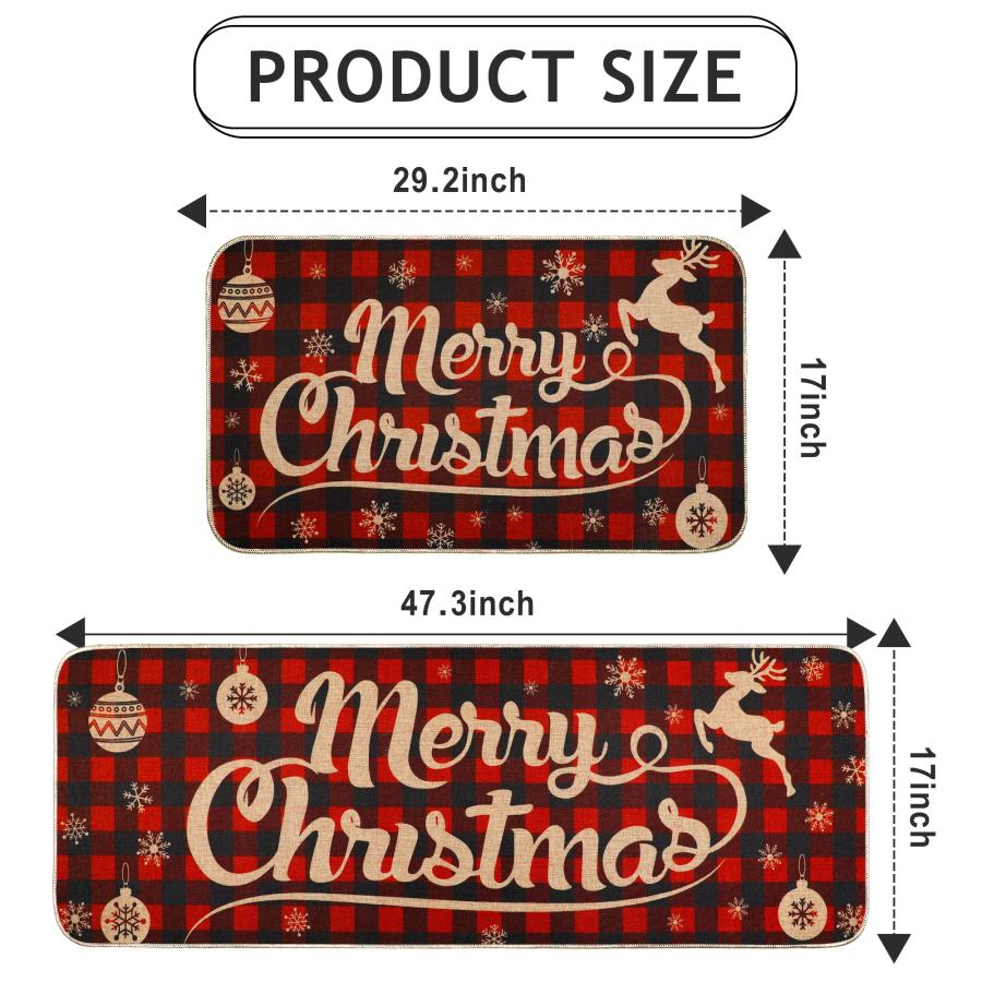 【並行輸入品】クリスマスキッチンラグセット 2ピース メリークリスマス 格子柄 防水 滑り止め キッチンマット 冬 クリスマス ドアマット ゴム_3