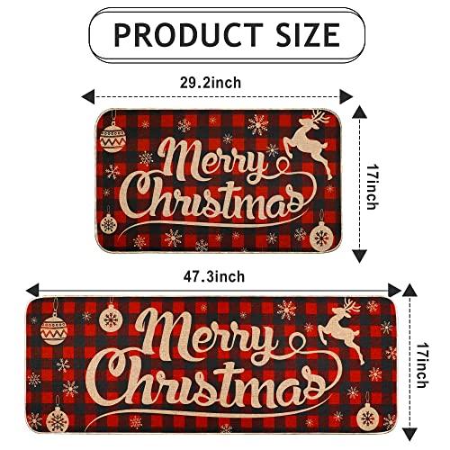 【並行輸入品】クリスマスキッチンラグセット 2ピース メリークリスマス 格子柄 防水 滑り止め キッチンマット 冬 クリスマス ドアマット ゴム_4