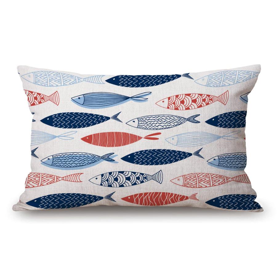 【並行輸入品】Fish in The Ocean コットンリネン装飾スローピローケースクッションカバー ソファベッド用、12 x 20インチ S